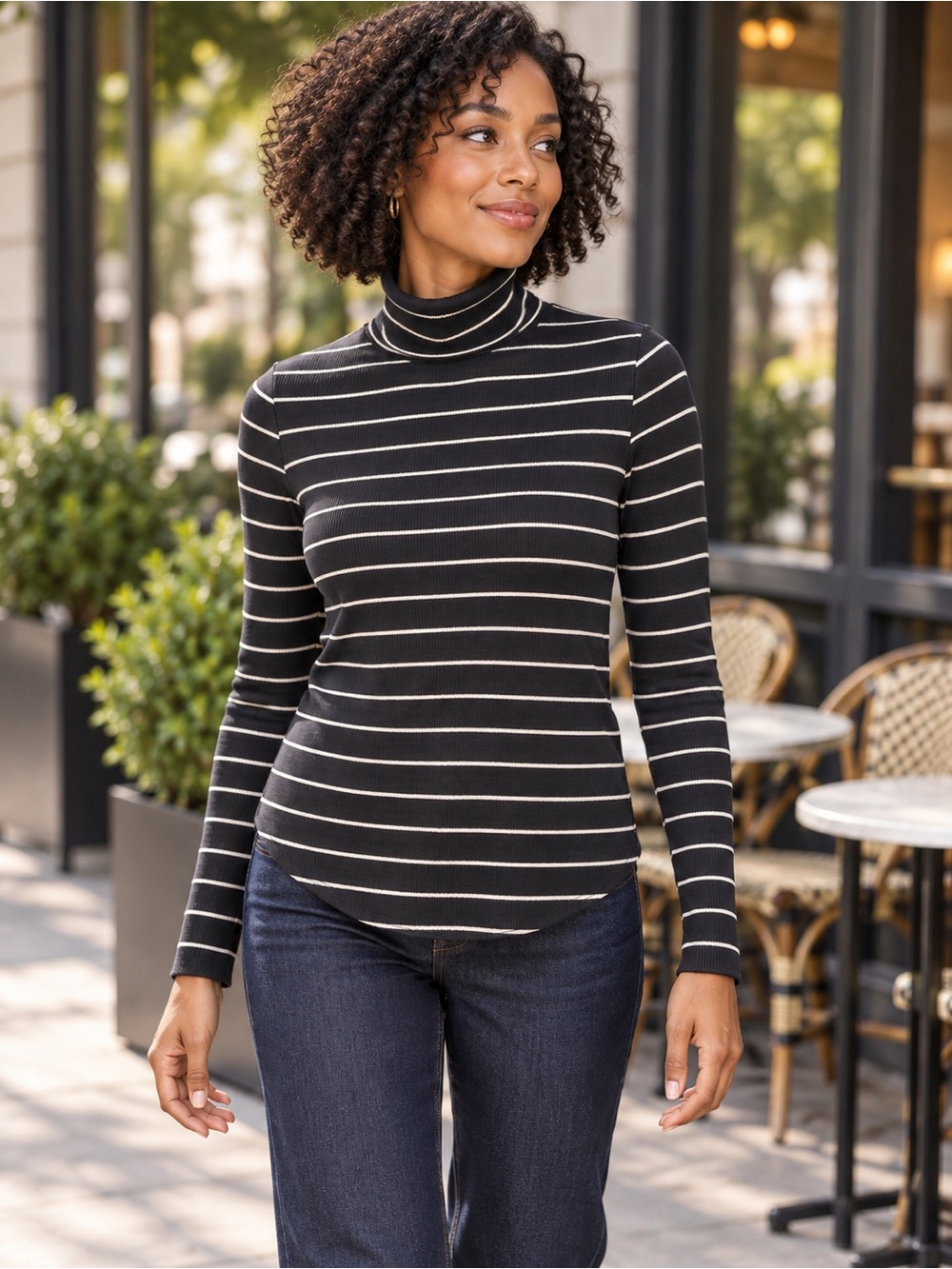 Gap Rib Turtleneck Stripe Black Ivory Preppy Minimalist Long Sleeve XS